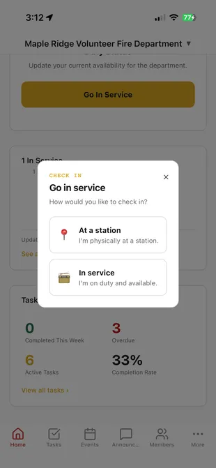 Station check-in: mark yourself at a station or in service