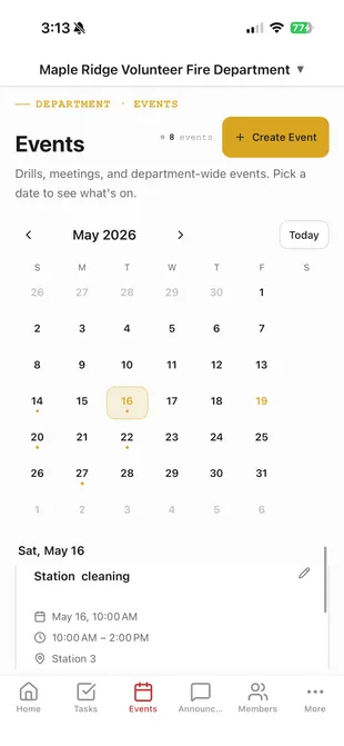 Events calendar for drills, meetings, and standby