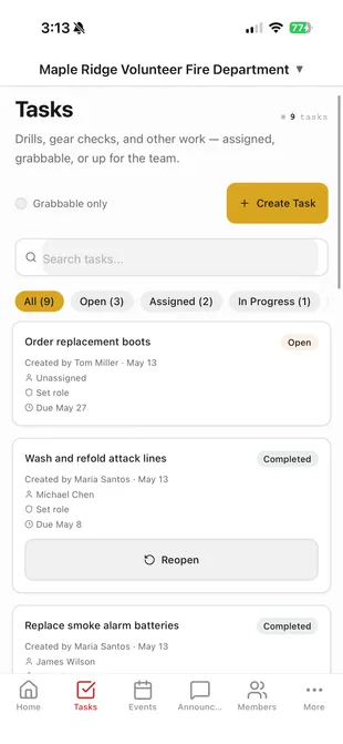 Tasks list with open, assigned, and in-progress filters